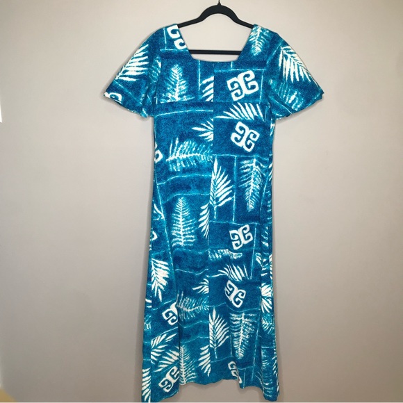 Vintage  maxi dress women’s medium palm fronds barkcloth blue - Picture 2 of 11